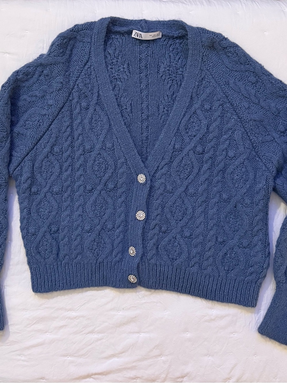 Zara Dusty Blue Cable-Knit Cardigan with Crystal Buttons